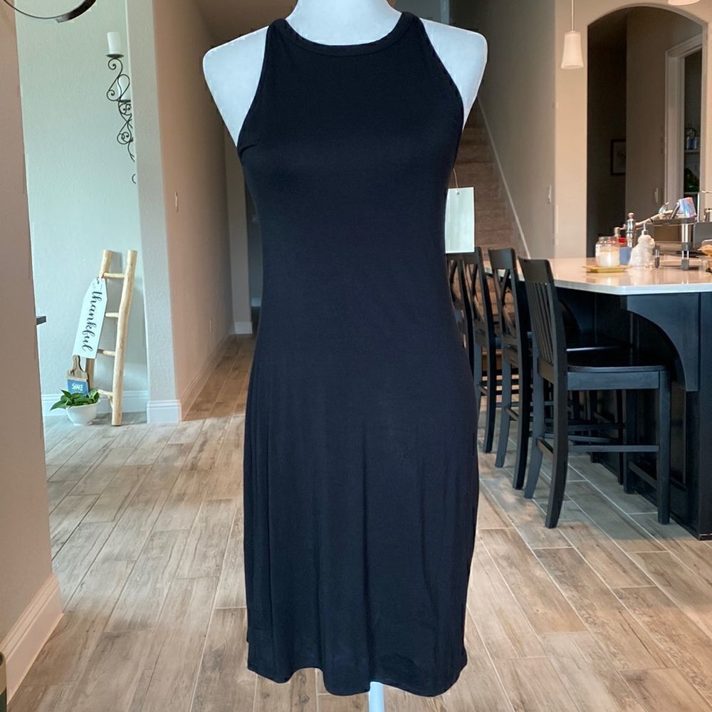 Loveappella Black Sleeveless Straight Line Mini Dress NWT Back S Crew Neck Chic